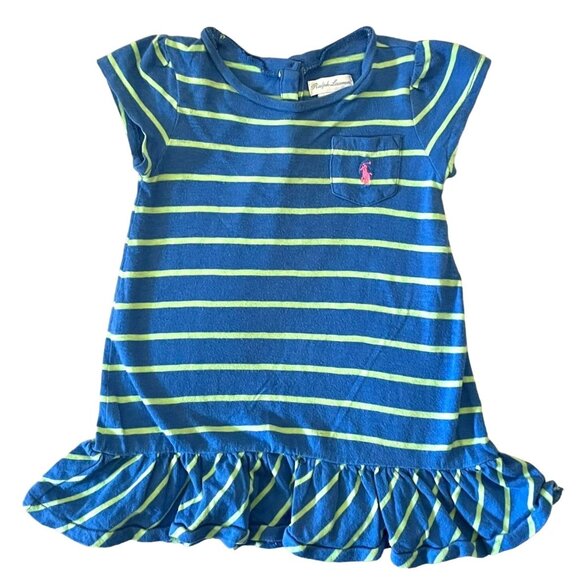 Ralph Lauren Baby Girl Striped Dress 12M Cotton Ruffle Hem Blue and Green - Picture 1 of 5